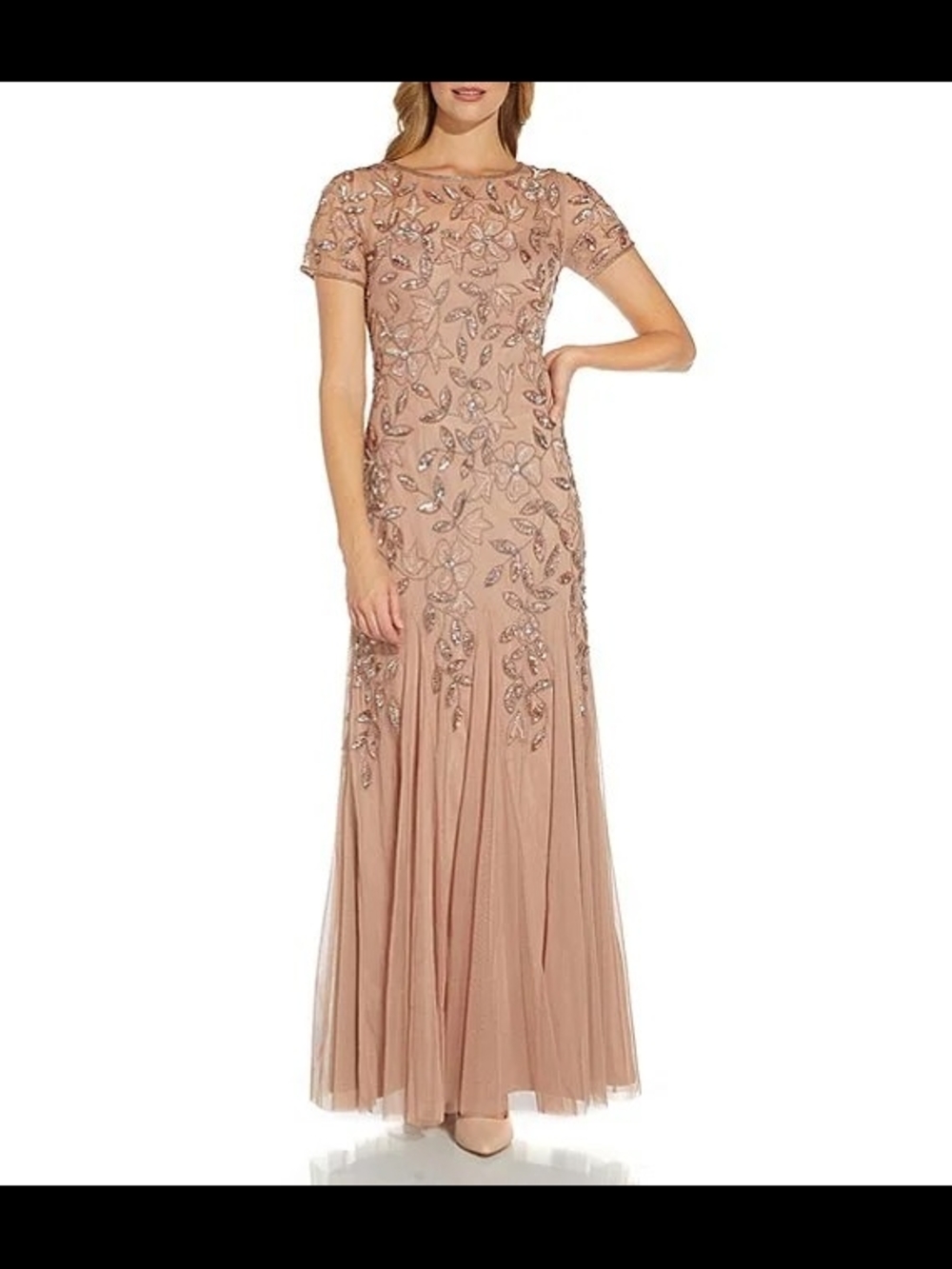 Adrianna Papell Blush Rose Gold Godet Fit And Flare Embellished Maxi Gown
